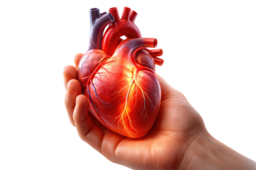 Human hand holding realistic heart anatomy cardiovascular organ health medical anatomy detailed view isolated on white background