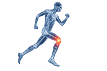 Human running skeleton anatomy highlighting knee joint inflammation pain sports injury motion dynamic isolated on white background
