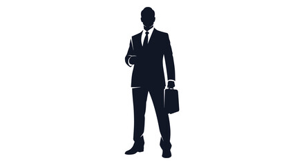 A sharply dressed businessman stands confidently holding a briefcase presented as a striking silhouette