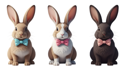 Three easter bunnies isolated on transparent background with colorful bows