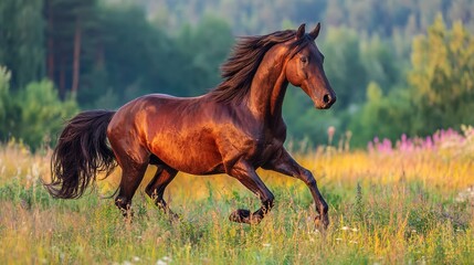 cavalry. A majestic horse gallops freely across a sunlit field, embodying energy and natural beauty. wildlife magazines, conservation campaigns, designed for eco-tourism storytelling.