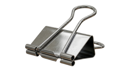 Large silver metallic binder clip on transparent background