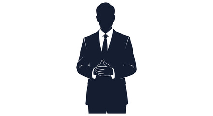 A formal business professional stands with hands clasped presenting a confident and poised silhouette