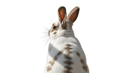 Spotted white rabbit isolated on transparent background looking upwards curiously