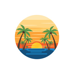 Obraz premium Tropical beach landscape at sunset with palm trees and ocean waves, flat design