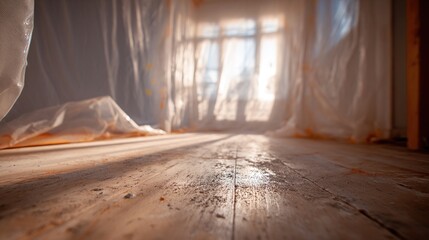 spackle. Interior of a room under renovation, spackle droplets on floor with sunlight through plastic sheet. real-estate listings.