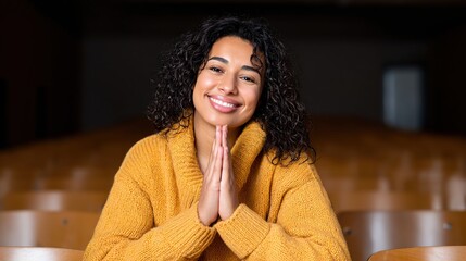 praise. A person expressing warm appreciation with a blurred auditorium in the background, capturing gratitude. wellbeing guides.