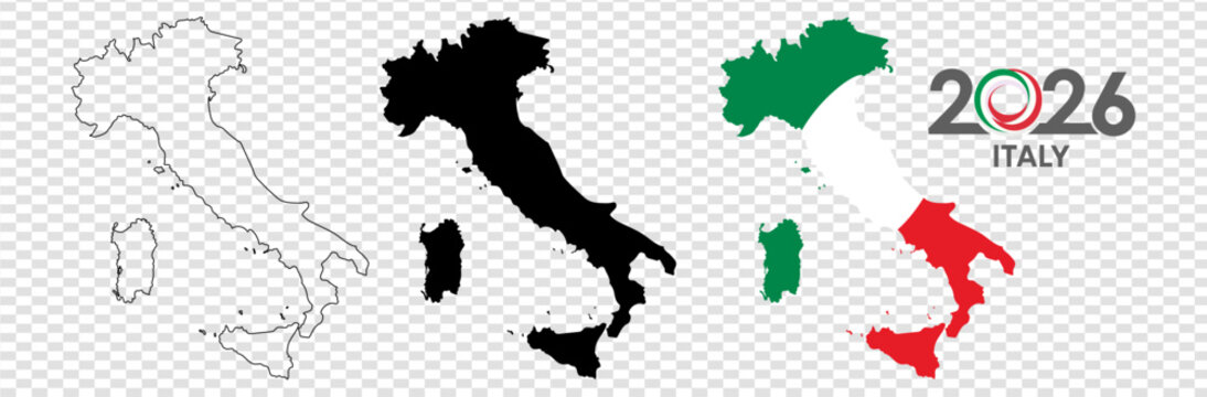 Italy map with 2026 text and Italian flag colors on a transparent background