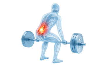 Human skeleton lifting barbell highlighting lower back lumbar spine pain anatomy injury exercise stress isolated on white background