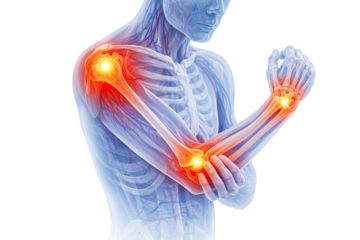 Human upper body anatomy showing shoulder elbow wrist joint inflammation pain medical illustration isolated on white background