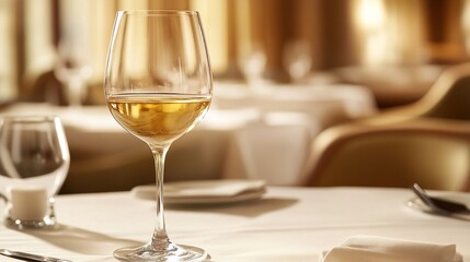 chardonnay. A crystal-clear wine glass filled with golden chardonnay, set in an elegant dining arrangement. bar promotions, beverage menus, designed for product packaging and bar promotions.