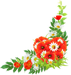 A vibrant corner bouquet of red poppies and white daisies with fresh green foliage