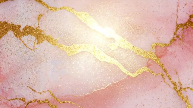 Pink marble texture background with sparkling gold glitter. Luxury stone pattern for elegant design. Fluid art concept.