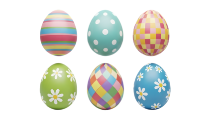 Six colorful easter eggs isolated on transparent background