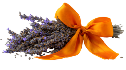 A vibrant orange satin ribbon tied around a small bouquet of fresh lavender flowers on white background for decoration or gift giving
