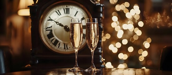 Closeup of two glasses of champagne on table next to old clock showing midnight at living room decorated for Christmas