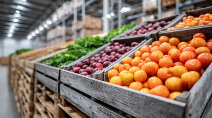Fresh produce displayed in wooden crates inside a warehouse.