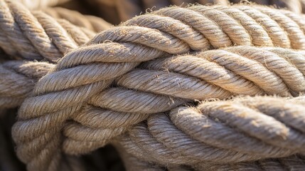Fototapeta premium taut. Extreme close-up of thick nautical rope pulled taut, showing fibrous texture and tension. mobility guides, transit brochures, designed for transport & logistics marketing.