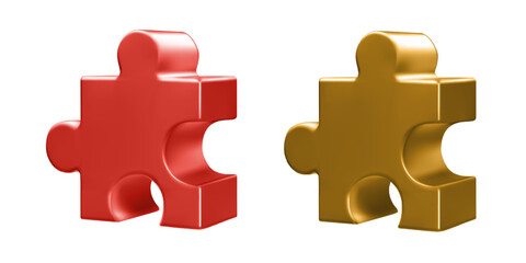Red and golden puzzle 3d pieces. Two jigsaw icon, business team concept. Problem solution isolated on white bg, abstract render. Partnership challenge, work strategy. Education maze building toy.