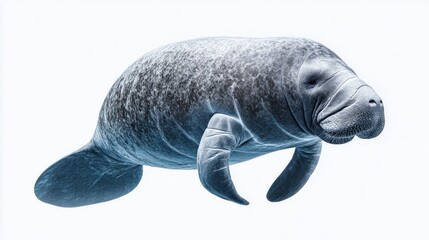 A majestic manatee swimming gracefully against a clean white background