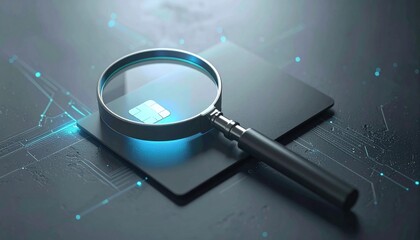 Magnifying glass over a microchip on a motherboard, representing the intricate details and advanced technology involved in microelectronics and computer hardware analysis