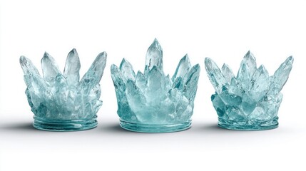 Three icy blue crystal formations on a white background