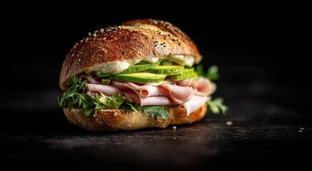 Delicious sandwich with avocado and ham on a dark background