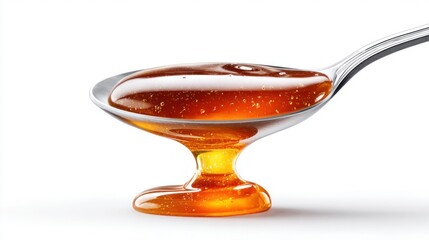 Close-up of golden honey dripping from a spoon against a white background