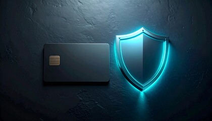 Secure transaction and data protection concept represented by a credit card and a glowing shield on a dark background, highlighting financial security and digital privacy in a sophisticated aesthetic