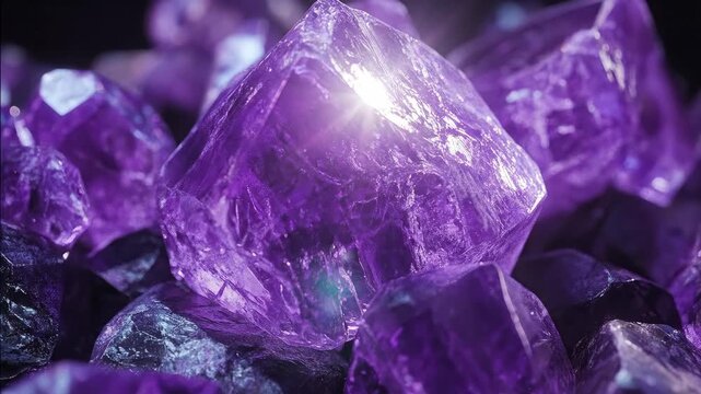 Purple amethyst crystal cluster on black background. Mineral rock formation with shiny facets for gemstone concept.