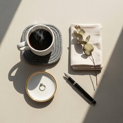 Minimal home styling flatlay with neutral objects and soft daylight creating a clean and modern lifestyle composition