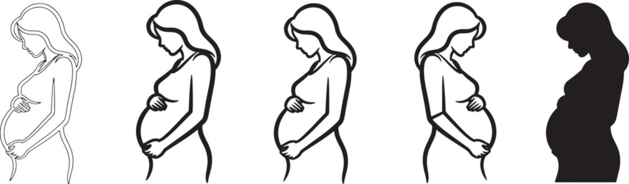 Pregnant woman silhouette icon set in multiple styles representing maternity pregnancy motherhood prenatal care and women health awareness concepts