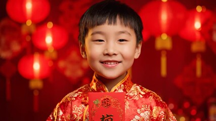 Joyful Young Boy Celebrating Lunar New Year with Red Lantern Decorations and