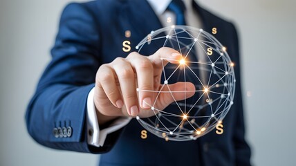 Businessman Interacting with Global Digital Network. Connectivity and Data Concept.