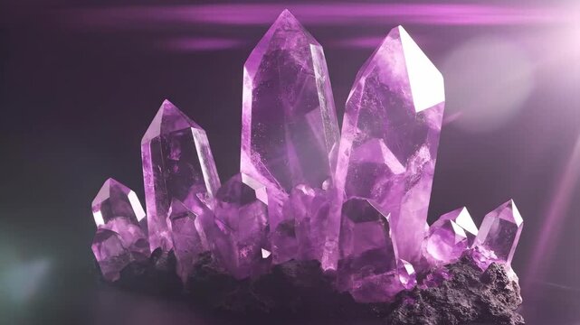 Large purple amethyst crystal geode with sparkling facets and natural rock base in a studio. Mineral specimen showcase on dark background.