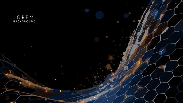 Abstract dynamic wave of hexagonal grid with golden particle effects