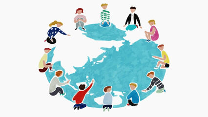 手描きイラスト　こども会議　地球の上で輪になって話し合う子供たち