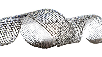 A wide silver mesh ribbon loop made of shiny metallic material with a grid pattern on a white background for decoration or design