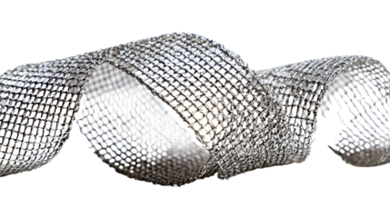 A wide silver mesh ribbon loop made of shiny metallic material with a grid pattern on a white background for decoration or design