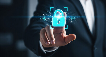 Businessman securing digital lock with futuristic interface