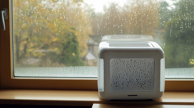 dehumidifier. A dehumidifier working near a window covered in condensation beads, contrast of dry and moist. safety posters.