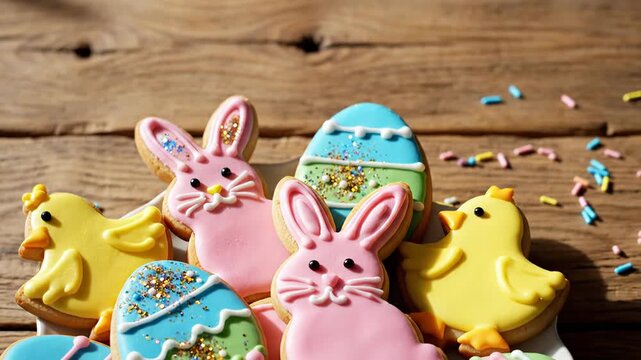 A delightful assortment of freshly baked and vibrantly decorated sugar cookies rests on a rustic wooden surface, creating a cheerful and inviting scene. The colorful treats are intricately iced in cha