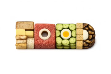 Geometric food art with transparent background and diverse ingredients