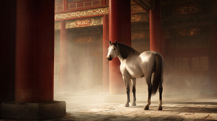 Elegant White Horse Standing in Ancient Chinese Palace Courtyard