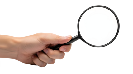 Human hand holding a black magnifying glass isolated PNG with Transparent Background