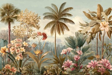 Vibrant mural wallpaper depicting tropical flower bushes and lush greenery perfect for enhancing indoor spaces