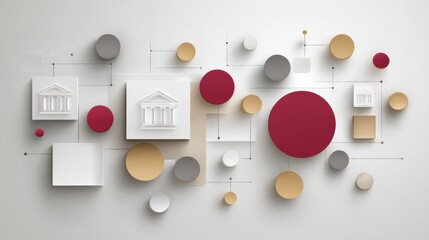 Abstract forms in various colors create a civic administration theme, highlighting institutional designs and modern art concepts.