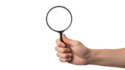 Human hand holding black magnifying glass for search and discovery isolated PNG with Transparent Background