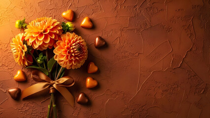 Valentine's day and mother's day background with beautiful flowers and chocolate hearts