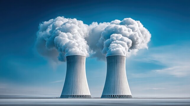 Nuclear power plant with cooling towers emitting steam against a blue sky.